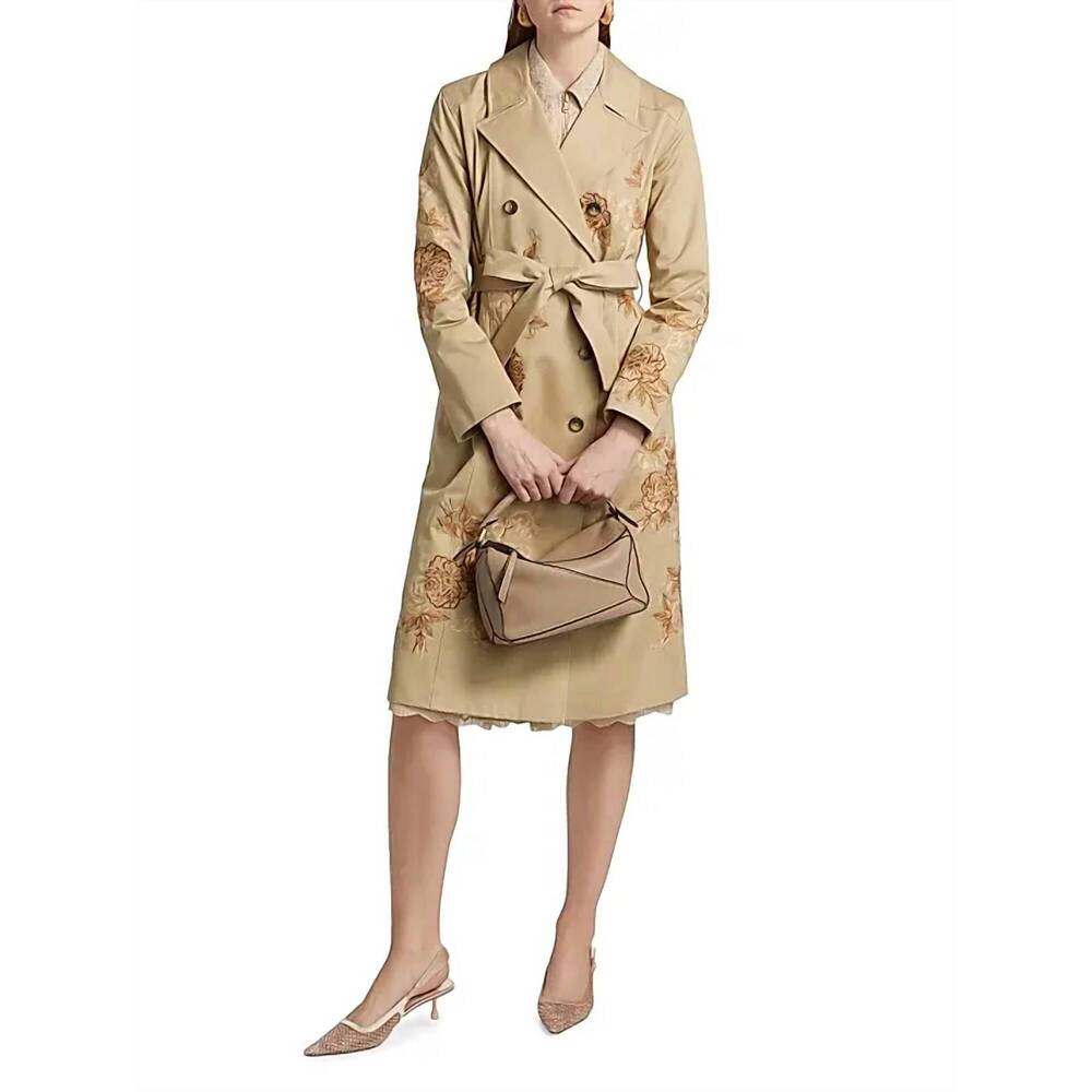 NEW L'AGENCE venus floral-embroidered double-breasted trench coat in tan khaki e